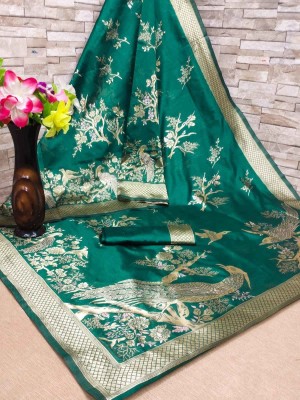 Homigoz Woven Banarasi Silk Blend Saree(Dark Green)