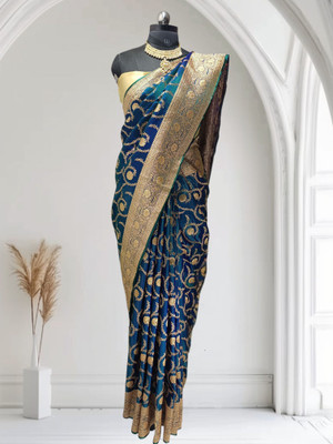 HouseOfCommon Embellished Banarasi Silk Blend Saree(Blue)
