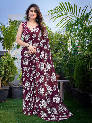 Moda Rapido Printed, Self Design Daily Wear Georgette Saree(Maroon)