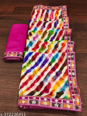 Pemal Designer Printed Leheria Georgette Saree(Multicolor)