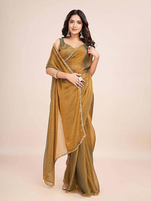RupRas Solid/Plain Bollywood Chiffon Saree(Gold)