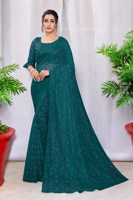 NEXAA Floral Print Bollywood Net Saree(Green)