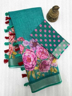 Drujha Self Design, Digital Print Assam Silk Cotton Linen, Linen Saree(Dark Green)