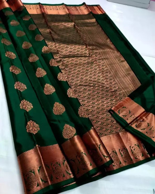 KanjiQueen Woven, Self Design Kanjivaram Silk Blend, Pure Silk Saree(Green, Brown)