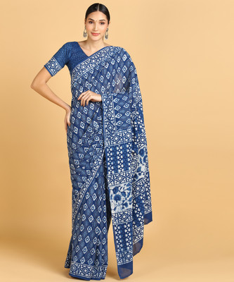 Blocks Of India Printed Hand Batik Pure Cotton Saree(Blue, White)