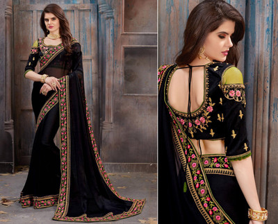HHK FASHION Embroidered Bollywood Georgette Saree(Black)