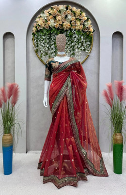 Verviza Embroidered Bollywood Net Saree(Cream)
