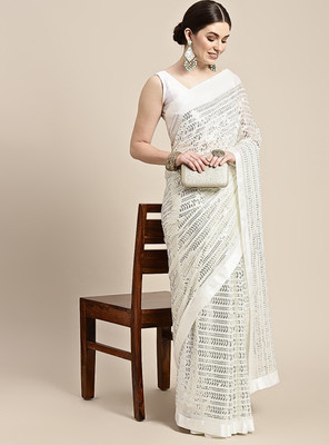 Bluebirdimpex Embellished Bollywood Georgette Saree(Cream)
