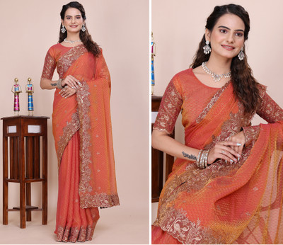 K 5 FASHION Embroidered, Embellished Bollywood Tissue Saree(Orange)