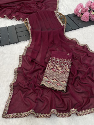 K 5 FASHION Embroidered, Solid/Plain Bollywood Chiffon Saree(Pink)