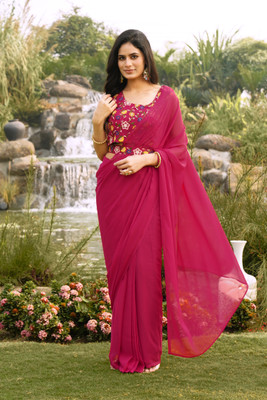 DWINIZAA STORE Embroidered Pre Draped Saree Georgette Saree(Pink)