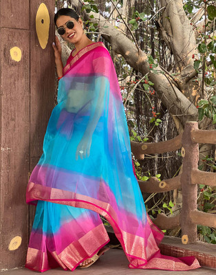 KOTHARI KS Solid/Plain Bandhani Organza Saree(Light Blue)