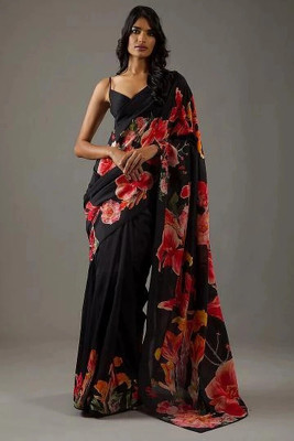 Panchvati NX Floral Print Bollywood Crepe Saree(Black)