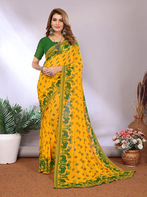 Moda Rapido Printed Daily Wear Georgette Saree(Green, Yellow)