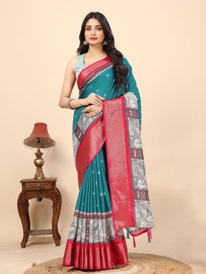HouseOfCommon Printed Maheshwari Art Silk Saree(Light Blue)