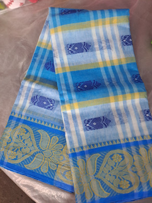 Moumitasaree Solid/Plain Tant Pure Cotton Saree(Light Blue)