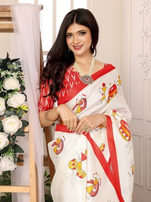 YASHIKA Printed Assam Silk Art Silk Saree(White)