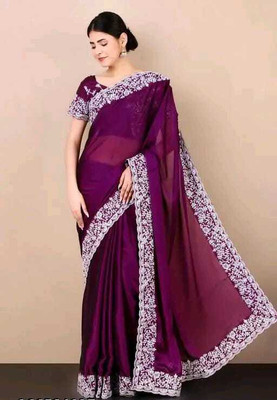 sejufashion Embroidered, Floral Print, Solid/Plain Bollywood Chiffon Saree(Purple)