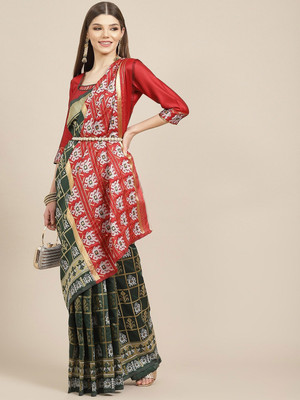 KAVINDI Self Design Patola Cotton Silk Saree(Green, Red)