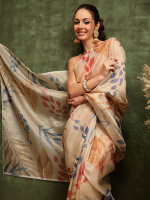 SILK ZONE Digital Print Banarasi Tissue Saree(White)