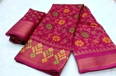 ZVARIETY Floral Print Bhagalpuri Cotton Blend, Cotton Linen Saree(Pink)