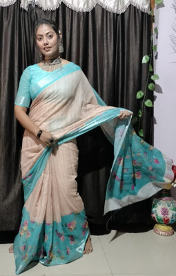 VTEXX Digital Print Daily Wear Cotton Linen Saree(Cream)