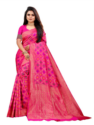 Dhruti Creation Floral Print Banarasi Silk Blend Saree(Pink)