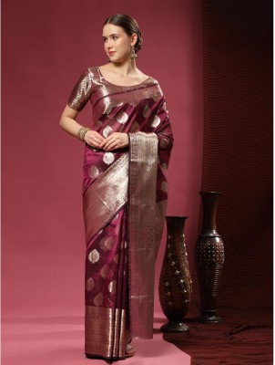 Spetila Woven, Floral Print Banarasi Jacquard, Organza Saree(Magenta)