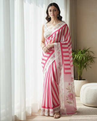 Sonika Fashions Printed Kalamkari Cotton Silk Saree(White, Pink)