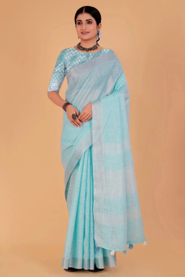 NEGRONI Solid/Plain Daily Wear Linen Saree(Light Blue)