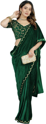 Julee Solid/Plain Bollywood Velvet Saree(Green)