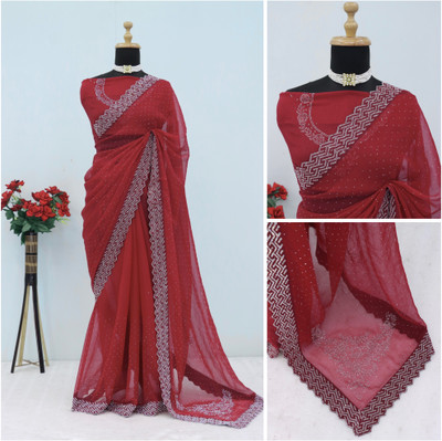 VarniRaaj Fashion Embellished, Geometric Print Bollywood Organza Saree(Light Blue)