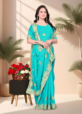 Om Shantam sarees Embroidered Bollywood Georgette Saree(Light Blue)