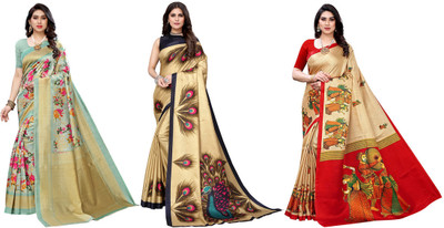 YASHIKA Printed, Woven Kalamkari Art Silk Saree(Pack of 3, Light Green, Gold, Beige)