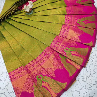 VASTUKALA Woven Kanjivaram Pure Silk, Art Silk Saree(Green, Pink)
