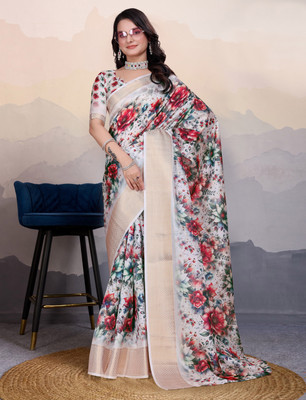 MANISHA Digital Print Bollywood Pure Silk Saree(White)