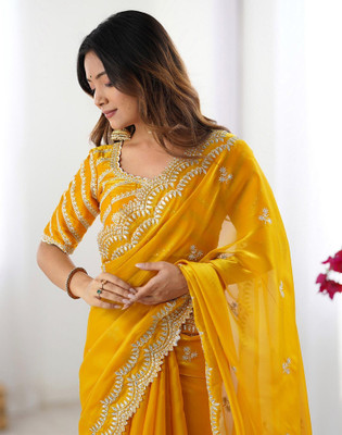 Satrani Embroidered, Embellished Bollywood Tissue Saree(Yellow)