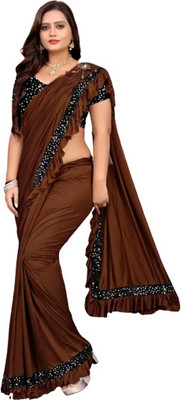 Memsaab Creation Solid/Plain Bollywood Lycra Blend Saree(Brown)