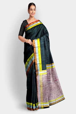 PRIDE SALES Self Design Handloom Cotton Blend Saree(Black)