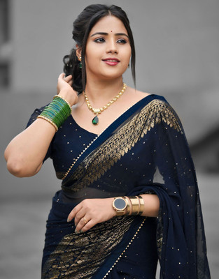Samah Printed, Embellished Bollywood Georgette, Chiffon Saree(Dark Blue, Gold)