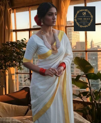 ANTIK Woven Kasavu Cotton Silk Saree(White)