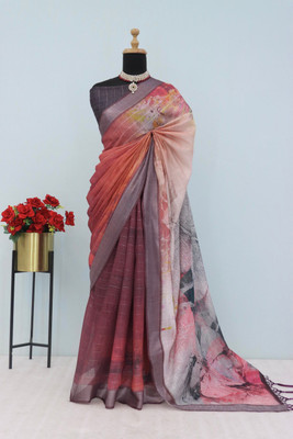 Laxmi Fashion Printed, Floral Print Assam Silk Jacquard, Cotton Silk Saree(Brown, Beige, Multicolor)