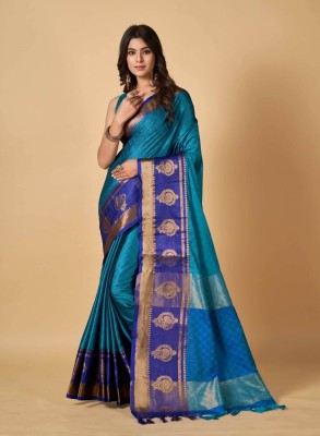 Dhanshvi Self Design Paithani Cotton Silk Saree(Blue)