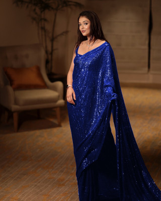 HouseOfCommon Embellished, Embroidered Bollywood Georgette Saree(Blue)