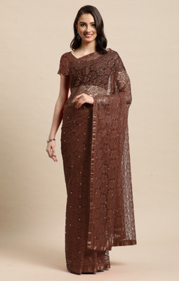 LOROFY Embellished Bollywood Net, Jacquard Saree(Brown)