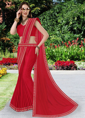 HNC Retail Temple Border, Solid/Plain Bollywood Lycra Blend, Chiffon Saree(Red)