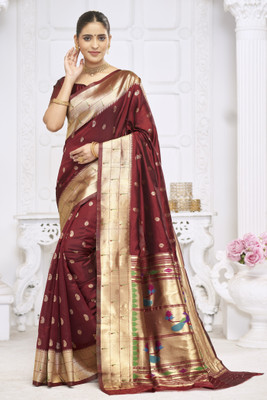 ROOP LAVANYA Woven Kanjivaram Jacquard, Cotton Silk Saree(Maroon)