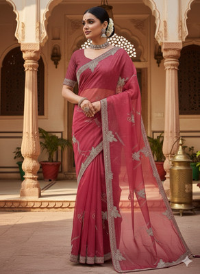 shobhaa Floral Print, Embroidered Bollywood Organza Saree(Pink)