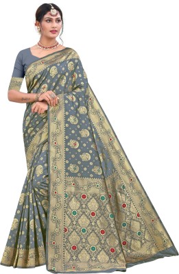 manvaa Woven Kanjivaram Silk Blend Saree(Grey)