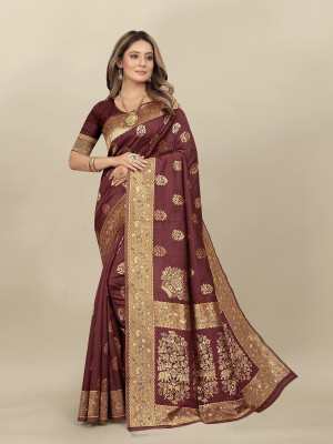 Hinayat Fashion Self Design, Printed, Embroidered, Embellished, Woven Kanjivaram Cotton Silk, Silk Blend Saree(Maroon)
